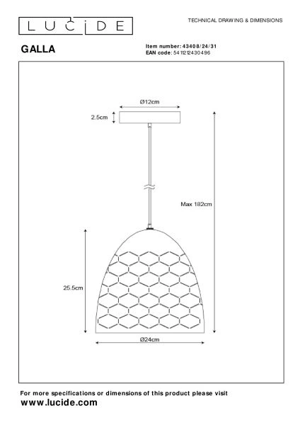 Lucide GALLA - Hanglamp - Ø 25 cm - 1xE27 - Wit - technisch